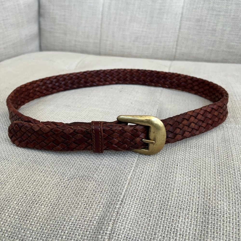 BELT Solid Brass Buckle Brown Leather Braided Woven Adjustable Preppy Casual